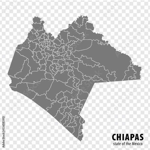 State Chiapas of Mexico map on transparent background. Blank map of  Chiapas with  regions in gray for your web site design, logo, app, UI. Mexico. EPS10.