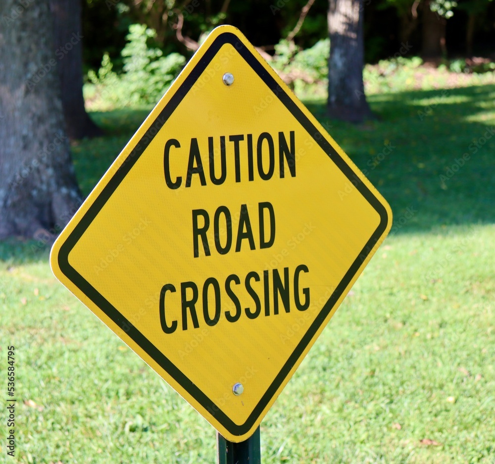A close view of a yellow road crossing sign.