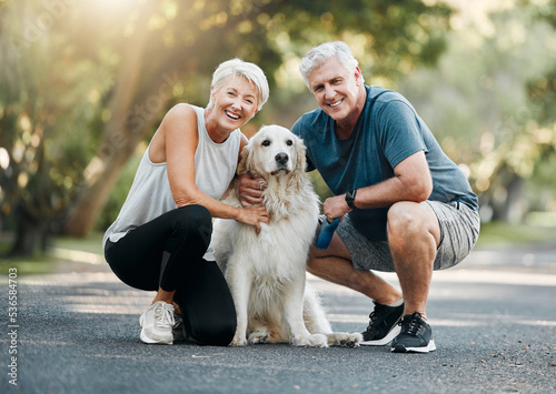 Happy senior couple, walking dog in nature park and smile bonding with their golden retriever together. Healthy living in retirement, being physically active by exercising and relaxing time with pet