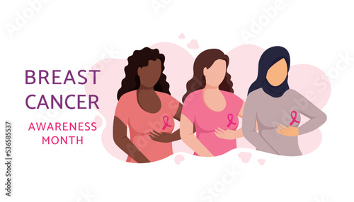 Breast cancer awareness prevention month banner. Three women with pink ribbons of different nationalities standing together. Concept of support and solidarity with female fighting oncological diseases