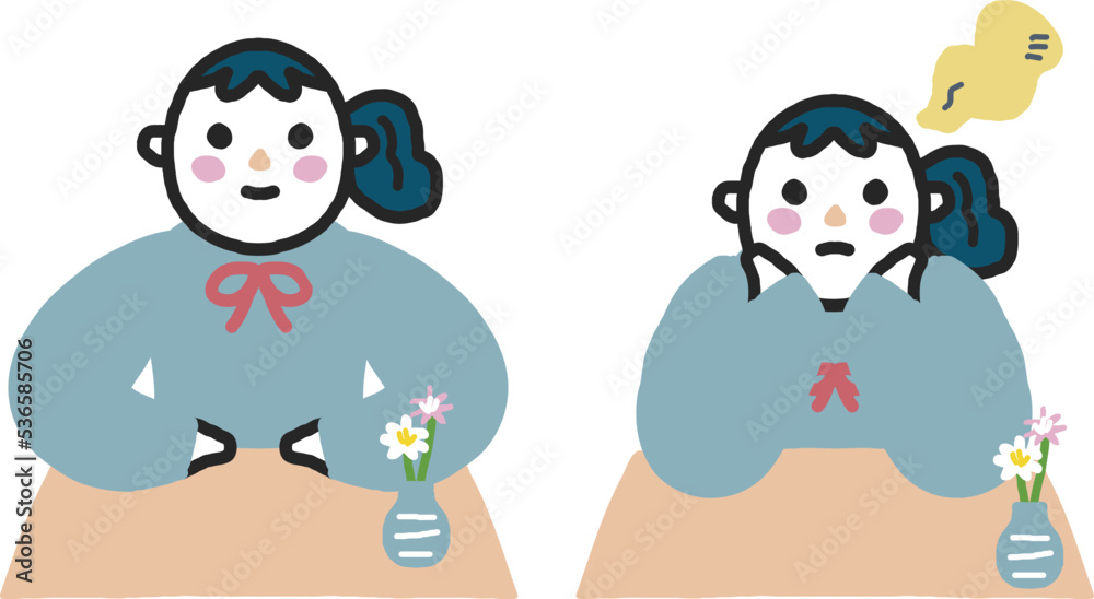 Obraz premium 笑顔で机に向かう女子学生と頬杖をついて机に向かう女子学生 セット イラスト素材 