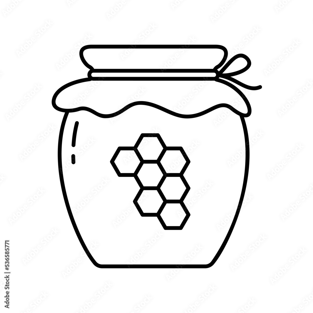 Honey jar icon with honeycomb in black outline style Honey jar icon with honeycomb in black outline style