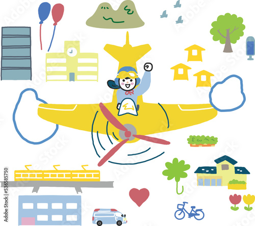 町の上空をプロペラ機で爽快に飛ぶ女子高生　イラスト素材
