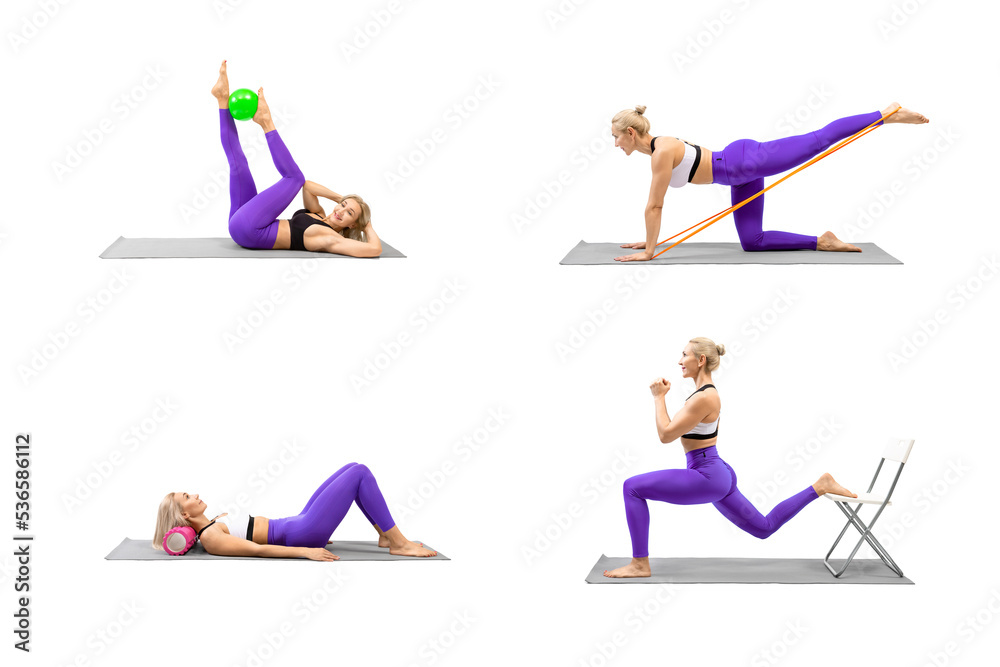 Collage of fitness drills with different props. Fit caucasian woman practice exercises using small ball, resistance band, foam roller, a chair, isolated on white.