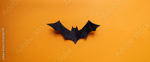 A banner layout for the Halloween holiday. Applications, carving figure in the shape of black bat. View from above photo