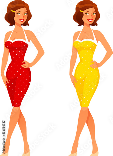 beautiful young woman in red or yellow retro dress from the 50s. Cartoon illustration.