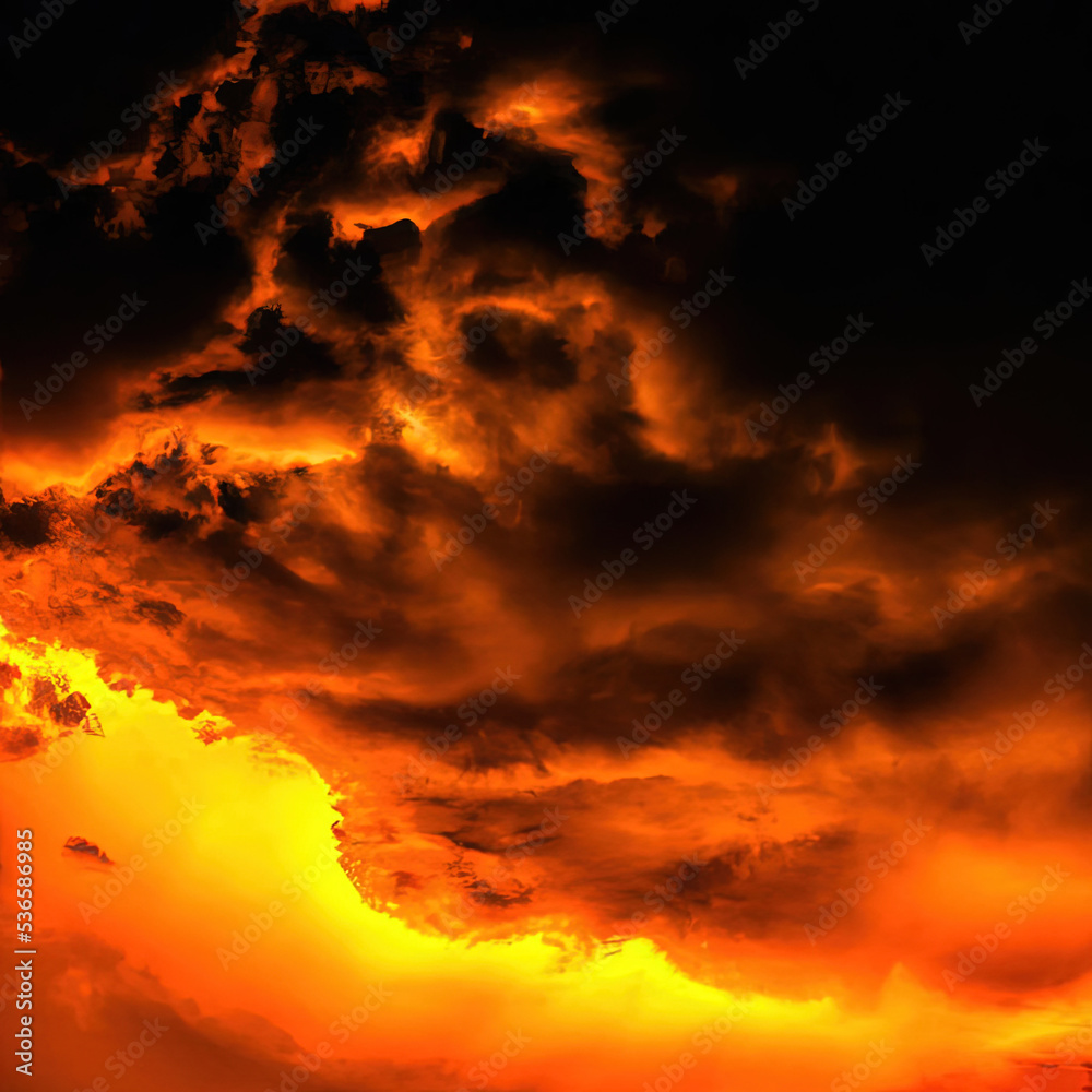 Fiery sky with black-orange clouds. global catastrophe. Apocalypse.