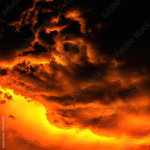 Fiery sky with black-orange clouds. global catastrophe. Apocalypse. © Uri