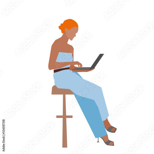 Woman working on laptop, High-heeled shoes. The girl's silhouette. minimalism, business, office, working 