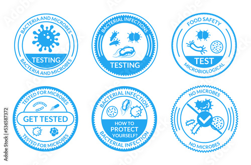 Bacteria and microbes infection testing monochrome circle badge set line vector illustration