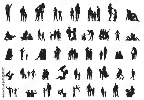 Family silhouettes, Happy family silhouette set, Father and Mother with children silhouettes