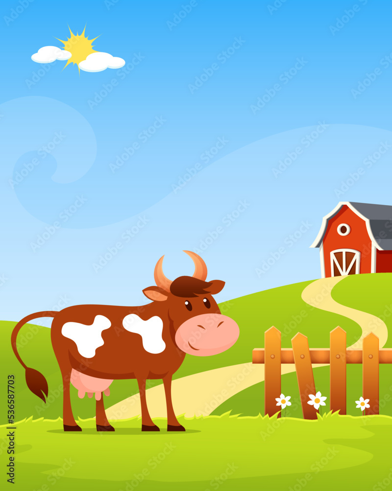 cute cartoon illustration for kids - a happy cow in the farm with green ...