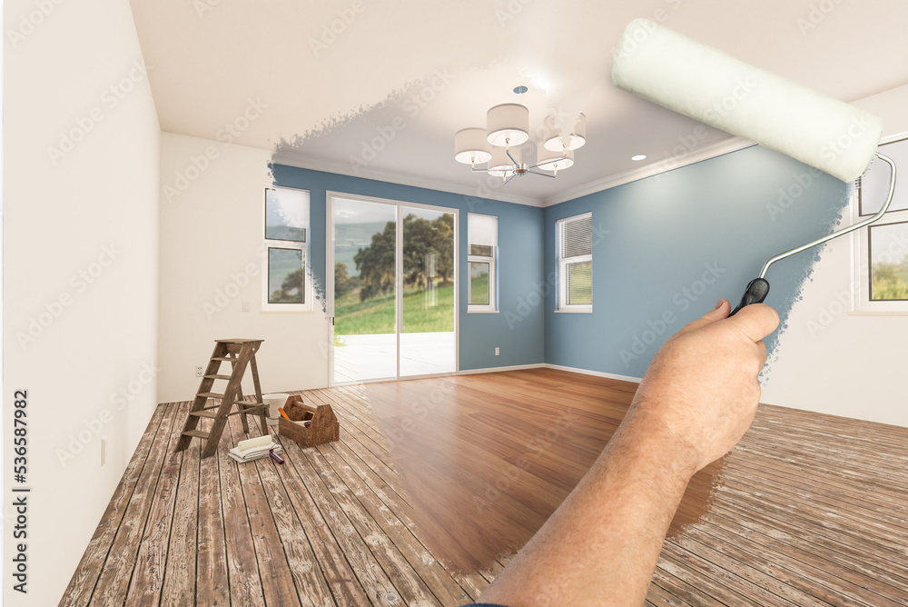 Before and After of Man Painting Roller to Reveal Newly Remodeled Room with Fresh Blue Paint and New Floors. - obrazy, fototapety, plakaty 