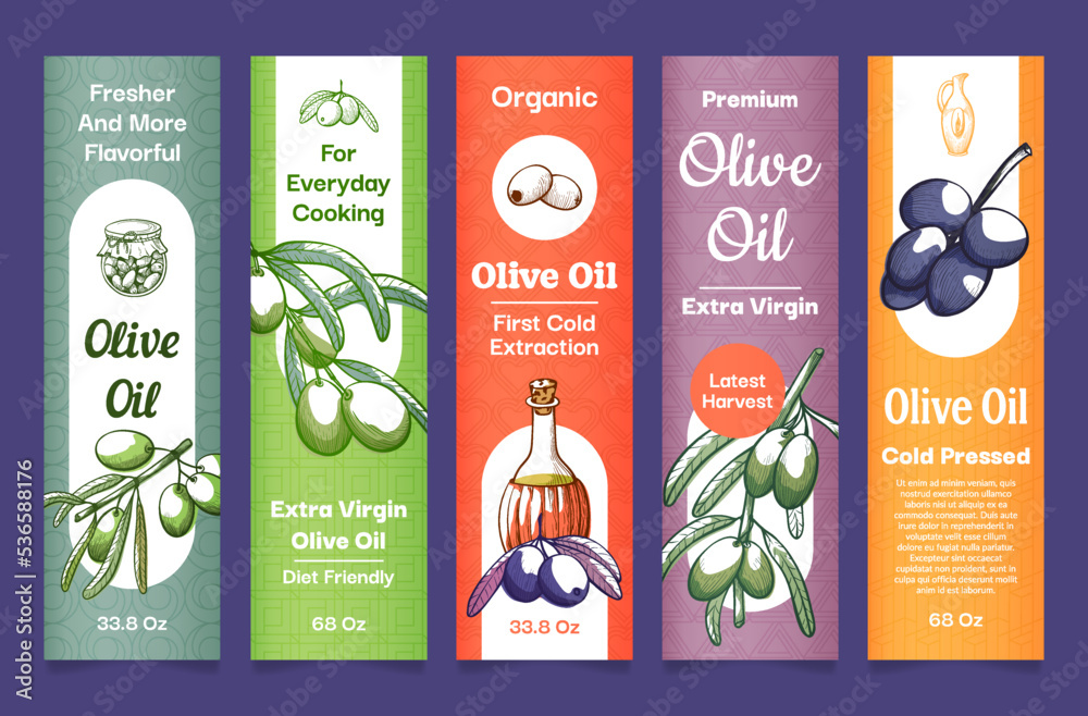 Olive oil extra virgin organic product vertical labels set realistic ...