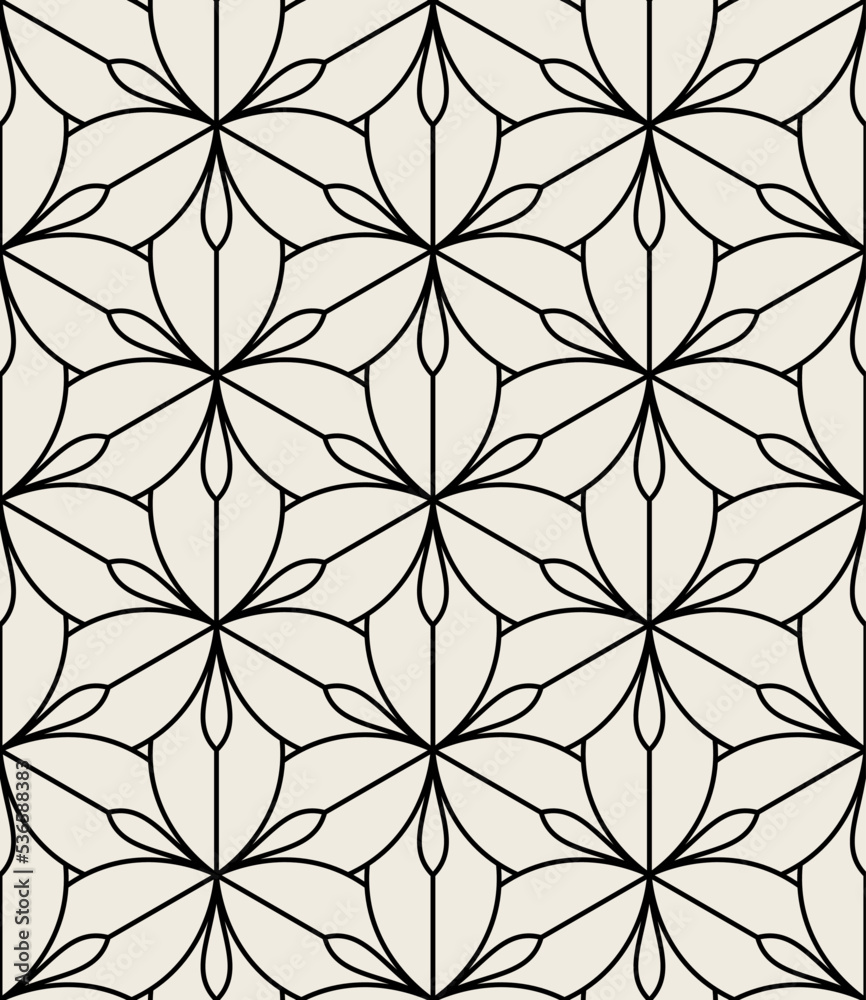 Naklejka premium Vector seamless pattern. Monochrome graphic design. Decorative geometric linear leaves. Regular floral background with elegant petals. Contemporary stylish ornament.