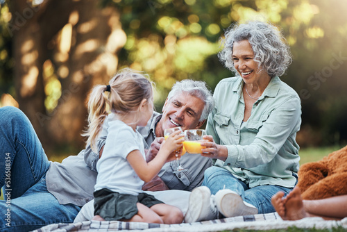 Juice, vitamin c and family picnic with child and grandparents for healthy growth development, outdoor wellness lifestyle. Senior grandmother, elderly people and girl with orange drink in bokeh park © Clement C/peopleimages.com