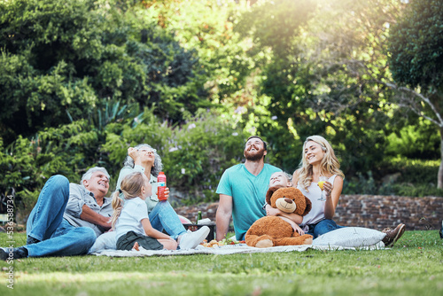 Happy, nature and big family on an outdoor picnic together in a green garden blowing bubbles. Happiness, elderly grandparents and parents relaxing, bonding and playing with children in a outside park