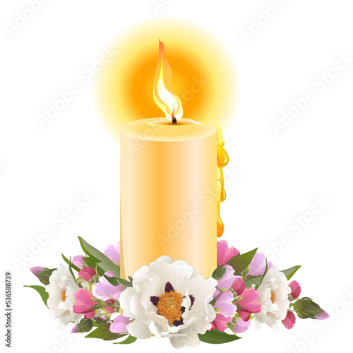 a burning candle in a candlestick made of white and pink flowers