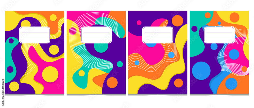 Set of 4 notebook cover templates in trendy style, in bright colors. Illustration in flat style with abstract waves. Isolated on white background.