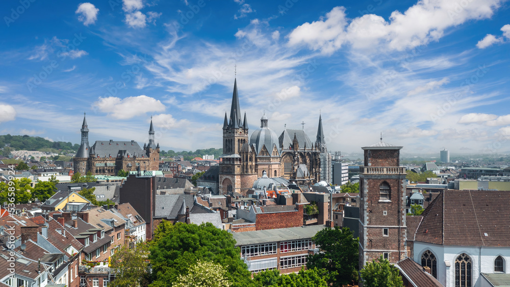 Obraz premium Aachen summer skyline. North Rhine-Westphalia, Germany. Aerial view of Old Town landmarks