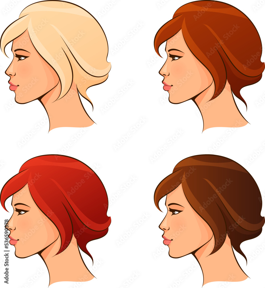 stylized fashion illustrations of a beautiful woman face from profile view, with various hair color stylized fashion illustrations of a beautiful woman face from profile view, with various hair color