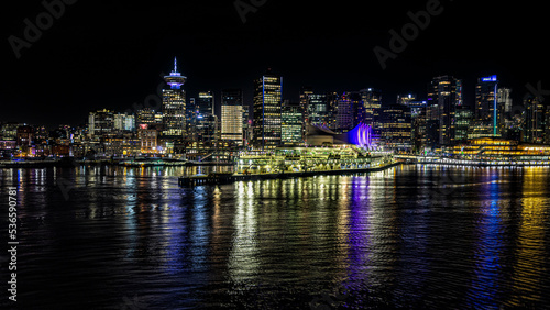 Vancouver Canada night time evening skyline cityscape from the bay with reflections © Tony