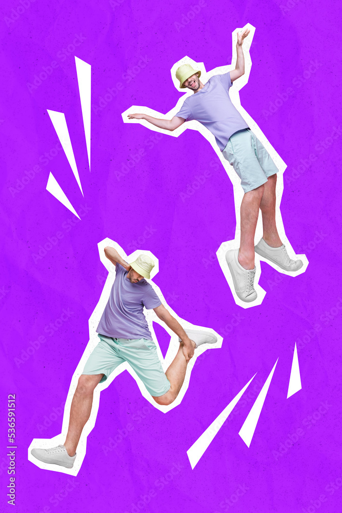 Vertical collage illustration of two excited guys rejoice dancing enjoy free time isolated on creative purple background