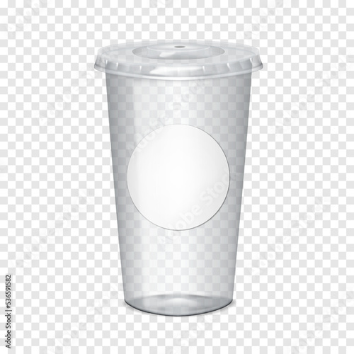 Clear empty plastic cup with flat lid and white blank round label sticker on transparent background realistic mockup. Takeaway drink mug vector mock-up. Template for design