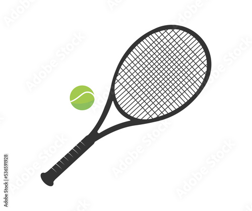 Tennis racket and ball in trendy flat style logo design. The concept of outdoor game sports. Flat lay. Professional tennis equipment vector design and illustration. © BlazingDesigns