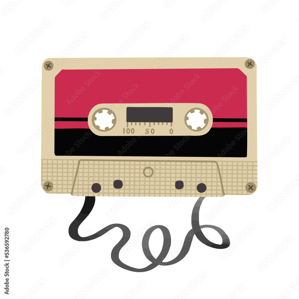 Cassette for player with unwound tape. Vector Illustration for backgrounds, covers and packaging. Image can be used for greeting cards, posters, stickers and textile. Isolated on white background.