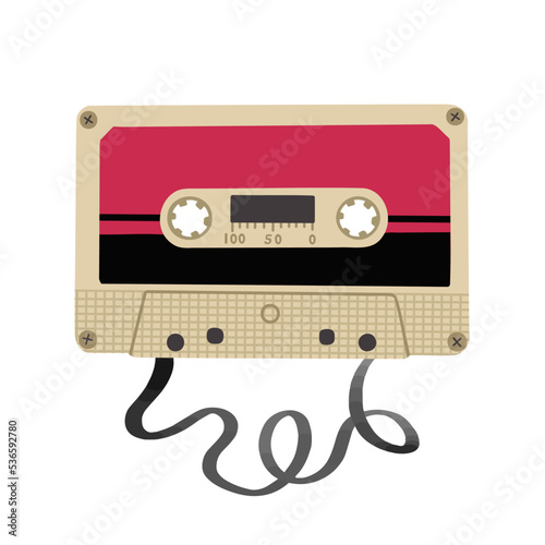 Cassette for player with unwound tape. Vector Illustration for backgrounds, covers and packaging. Image can be used for greeting cards, posters, stickers and textile. Isolated on white background.