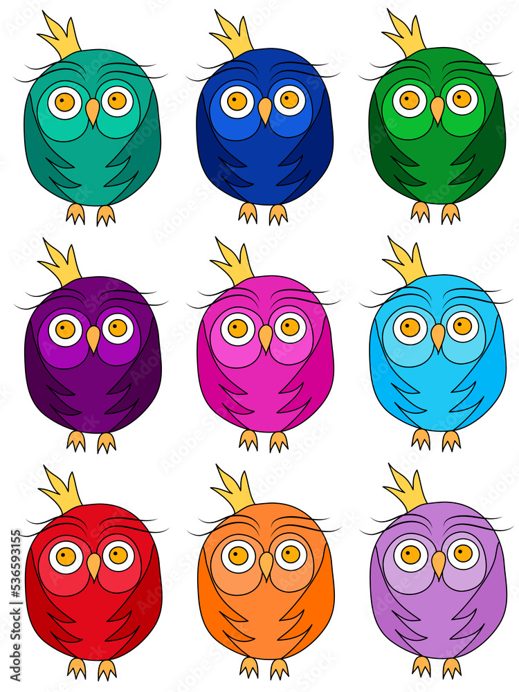 Set of colorful owls in doodle style. Avatar design. Design element. Children's drawing. Vector illustration isolated on transparent background