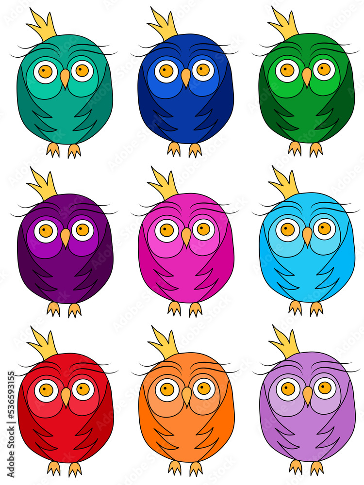 Fototapeta premium Set of colorful owls in doodle style. Avatar design. Design element. Children's drawing. Vector illustration isolated on transparent background