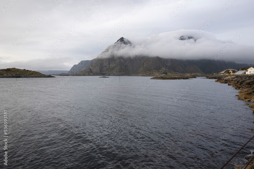 landscape view of the fiords and mountains in Lofoten islands, Norway