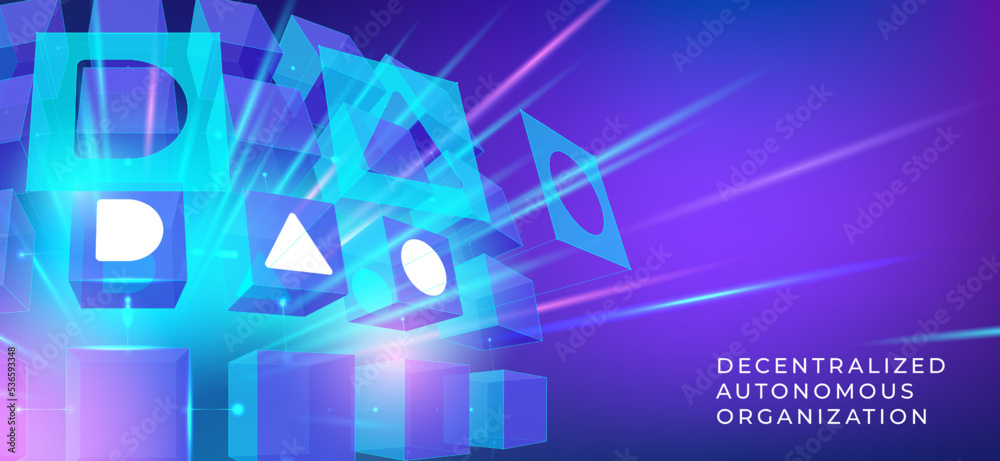 Vector illustration with DAO typography. Concept of Decentralized Autonomous Organisation, smart contract, cryptocurrency, blockchain technology for infographics, banner, wallpaper, background Vector illustration with DAO typography. Concept of Decentralized Autonomous Organisation, smart contract, cryptocurrency, blockchain technology for infographics, banner, wallpaper, background