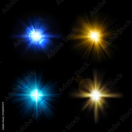 Set of multicolored light bursts with lens effect. Realistic colorful flash and glare. Vector template on transparent background. Bright glowing rays. Explosion glow illustration.