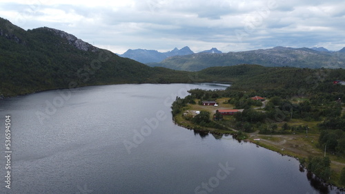 landscape view of the fiords in Lofoten, Norway in a cloudy day