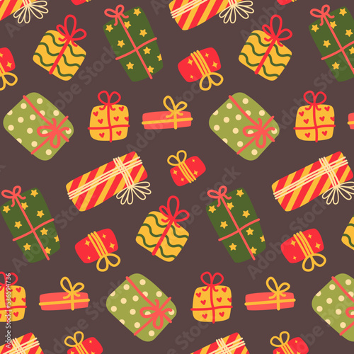 Christmas and Happy New Year seamless pattern with gift boxes. Trendy retro style. Vector design template.