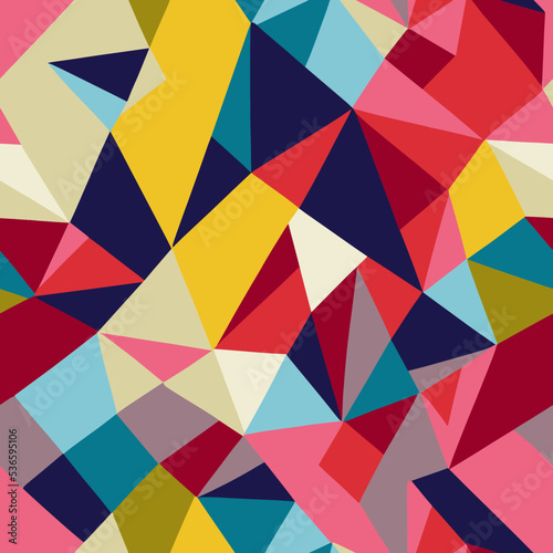 A seamless repeatable pattern of colourful geometrical shapes. Bold colours.