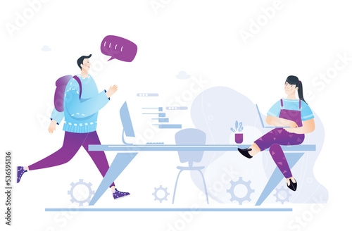 Happy creative young professional business people work in office. New start up, developing and supporting on going projects, work together concept illustration