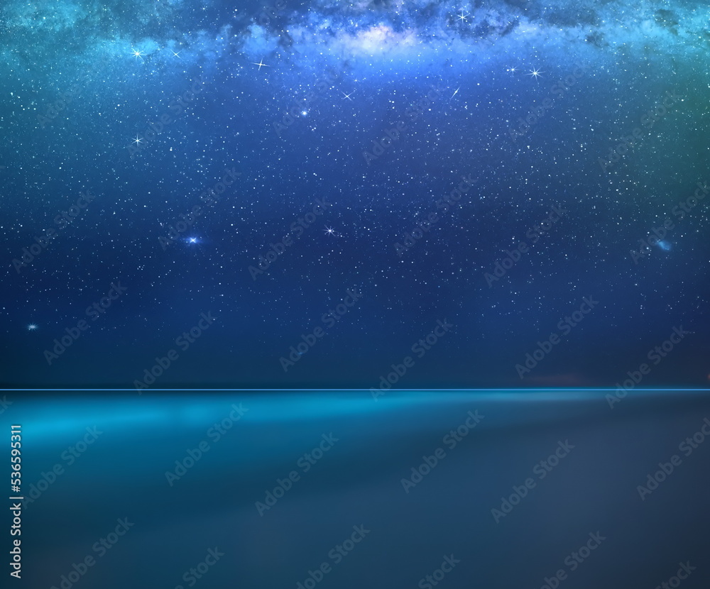  starry sky  blue moon nebula reflection on on sea water  beautiful seascape milky way universe template background copy space