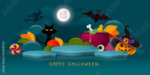 Halloween mystical turquoise advertising banner design template with 3D product display podiums on moon night background, Jack O lantern pumpkin, witch, cauldron and black cat. Vector illustration