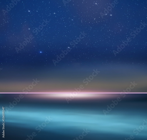  starry sky blue moon nebula reflection on on sea water beautiful seascape milky way universe template background copy space