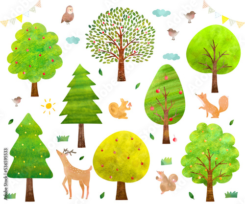 手描きー実のある北欧風かわいい木々と森の動物たちーエコイメージのイラストセット白バック素材