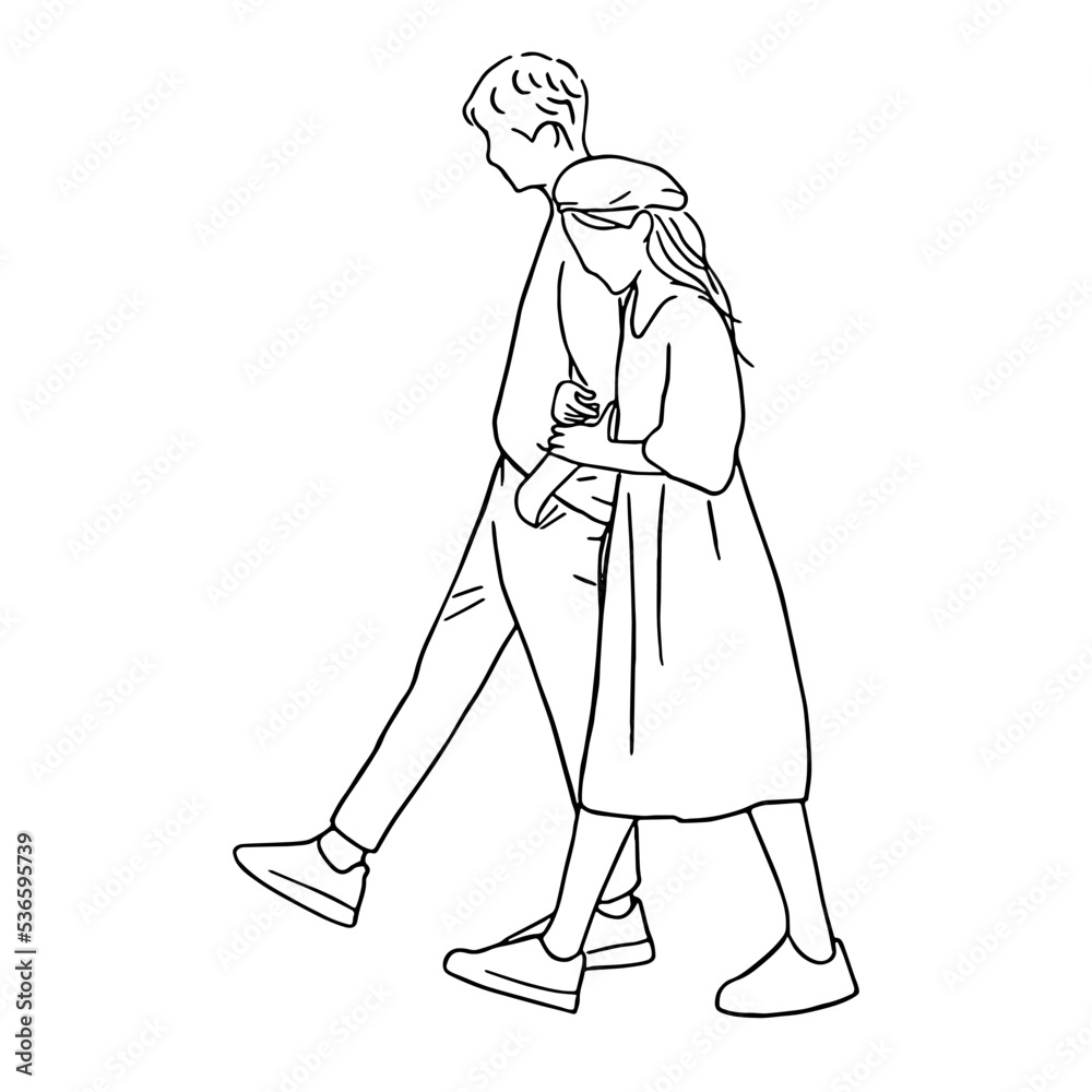 Line art minimal of happy lifestyle couple people in hand drawn concept for decoration, doodle contemporary style
