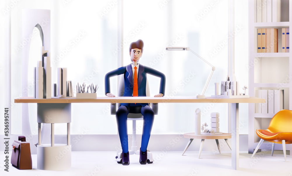 Successful happy businessman, banker in his office sits by the desk. 3D rendering illustration