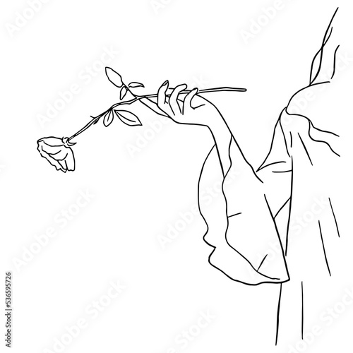 Line art minimal of woman hand holding organic flower in hand drawn concept for decoration, doodle contemporary style