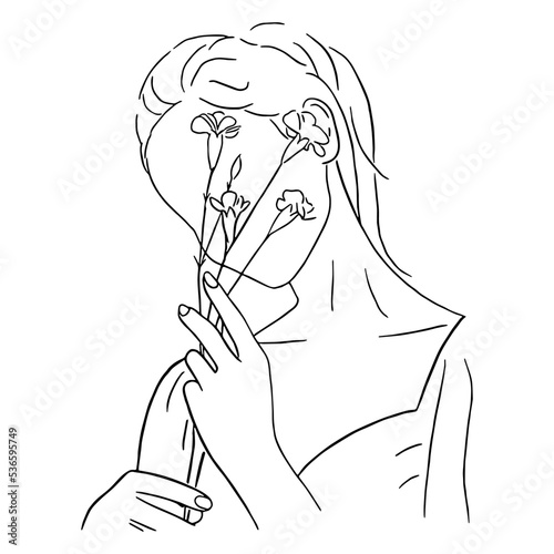 Line art minimal of woman holding flower in hand drawn concept for decoration, doodle contemporary style
