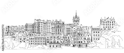Edinbourgh  Schotland. Sketch of the city Edinburgh view with Cockburn street  historical houses and cathedral dome.