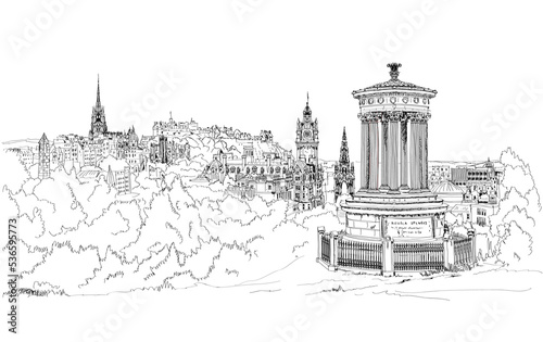 Edinbourgh, Schotland. Sketch of the Dugald Stewart Monument and city view include Castle, Cathedral and the Balmoral hotel.